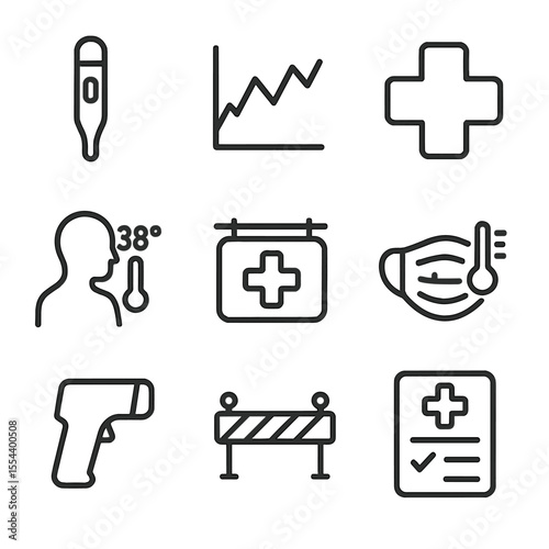 Fever Screening Icons. Outline icon set of fever and health screening: hospital thermometer, fever chart, medical cross, patient