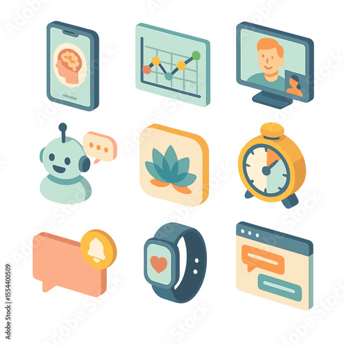 Digital Mental Health Tools. Isometric Flat icon set of Digital Mental Health Tools: smartphone with mental health app, mood