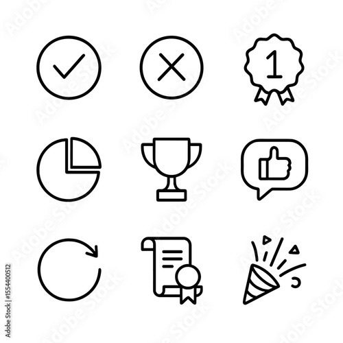 Feedback Icon Set. Outline icon set of feedback and results: correct checkmark, incorrect cross, score badge, percentage pie,