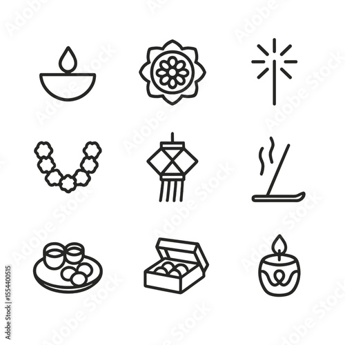 Diwali Decoration Icons. Outline icon set of Diwali Festival Decorations: oil lamp (diya), rangoli pattern, fireworks sparkler,