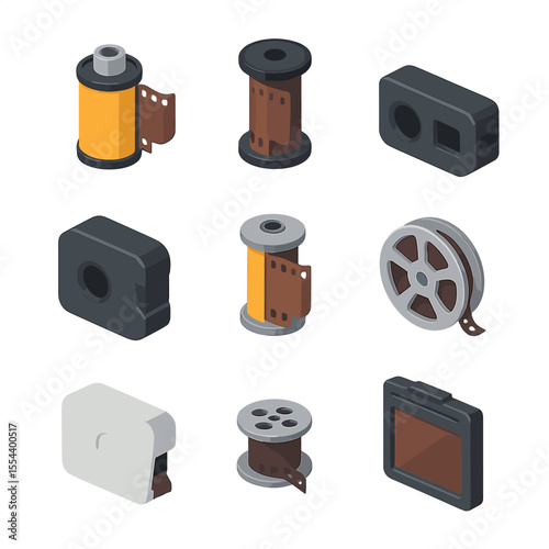 Film Icon Set. Isometric Flat icon set of film canister and cassette types: 35mm metal canister, 120 film spool, 110 cartridge,