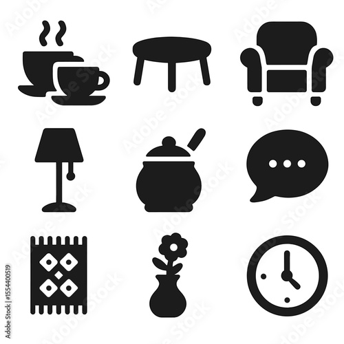Tea and Talk Icons. Solid, filled icons set of tea and talk corner: teacup duo, low round table, armchairs,