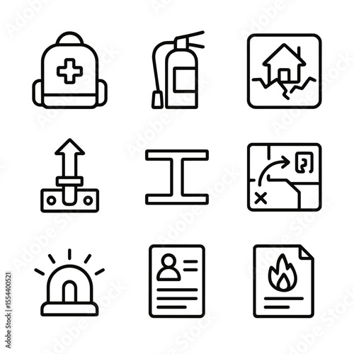 Disaster Preparedness Icons. Outline icon set of Disaster Preparedness and Mitigation: emergency kit bag, fire extinguisher,