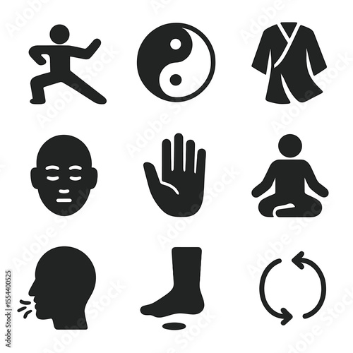 Tai Chi Icon Set. Solid, filled icons set of tai chi practice: tai chi pose, yin-yang symbol, flowing robe,