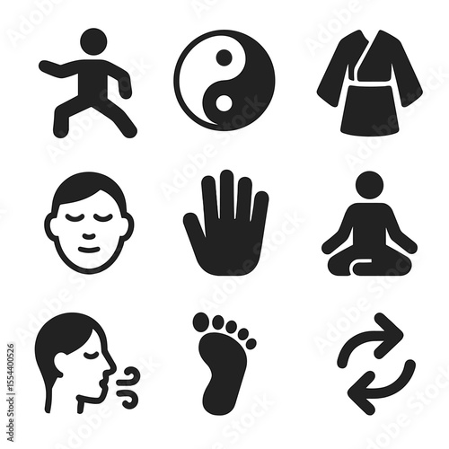 Tai Chi Icon Set. Solid, filled icons set of tai chi practice: tai chi pose, yin-yang symbol, flowing robe,