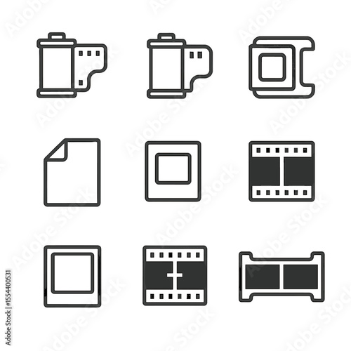 Film Icon Set. Outline icon set of film types and formats: 35mm roll film, 120 medium format film, 127 cartridge film, sheet film,