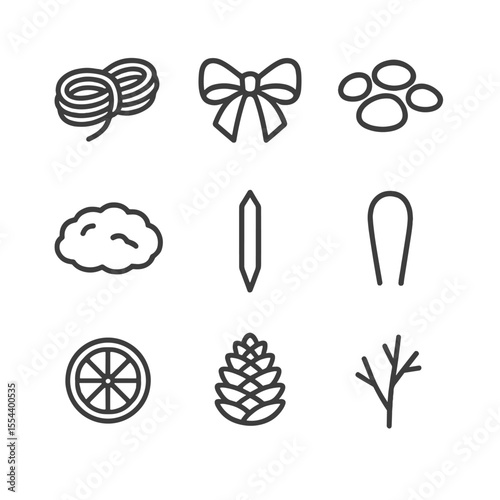 Botanical Accessories Icons. Outline icon set of Botanical Arrangement Accessories: twine tie wrap, ribbon bow accent, decorative