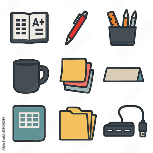Teacher Supplies Icons. Solid, filled icons set of teacher-prep supplies: grade book, red pen, desk organizer,