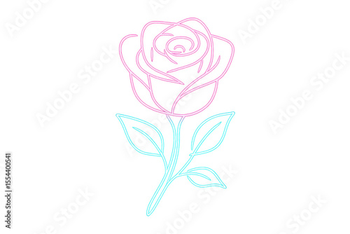 Glowing pink rose with luminescent blue stem, floating against transparent backdrop, capturing delicate botanical elegance
