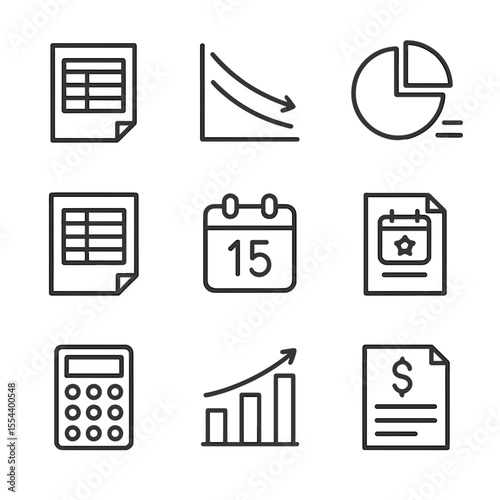 Finance Icons Grid. Outline icon set of Amortization and Balance Statements: amortization schedule, loan balance graph, interest