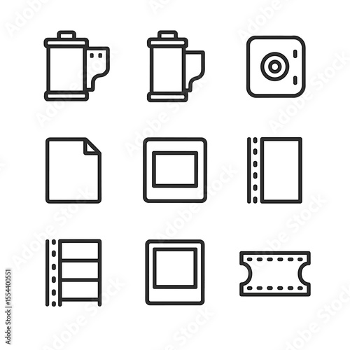 Film Icon Set. Outline icon set of film types and formats: 35mm roll film, 120 medium format film, 127 cartridge film, sheet film,