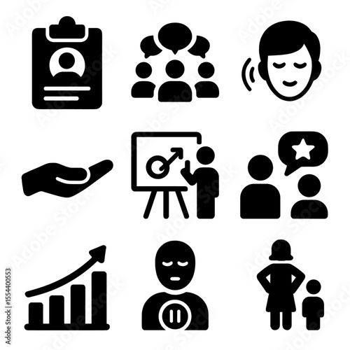 Teacher SEL Icon Set. Solid, filled icons set of teacher SEL strategies: reflection clipboard, group