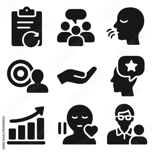 Teacher SEL Icon Set. Solid, filled icons set of teacher SEL strategies: reflection clipboard, group