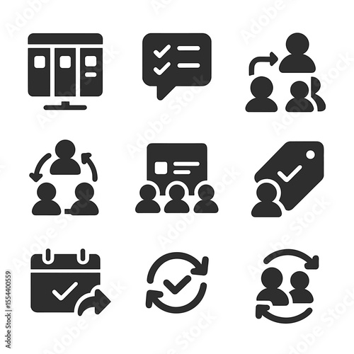 Team Task Icons. Solid, filled icons set of team task coordination: shared board, chat bubble with checklist,