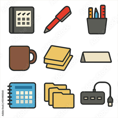 Teacher Supplies Icons. Solid, filled icons set of teacher-prep supplies: grade book, red pen, desk organizer,