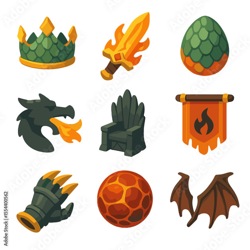 Dragon Queen Icon Set. Isometric Flat icon set of dragon queen themes: dragon-scale crown, flame-forged sword, dragon egg,