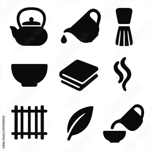 Tea Ceremony Icons. Solid, filled icons set of tea ceremony elements: cast iron kettle, curved spout, tea