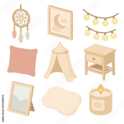 Dreamy Bedroom Icons. Isometric Flat icon set of dreamy bedroom decor: dreamcatcher, wall art, fairy lights, decorative pillow,
