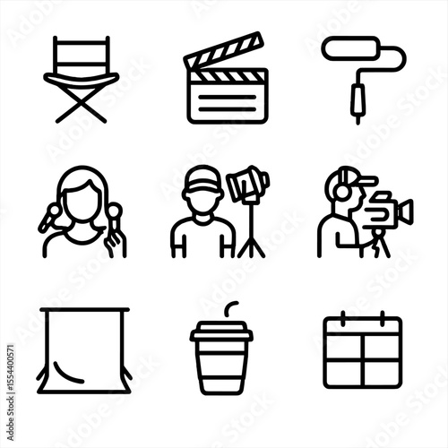 Film Production Icons. Outline icon set of behind the scenes: director’s chair, clapperboard, boom microphone, makeup artist,