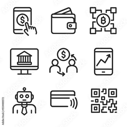 FinTech Icons Grid. Outline icon set of financial technology (FinTech): mobile payment, digital wallet, blockchain coin, online