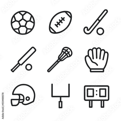 Field Sports Icons. Outline icon set of field sports games: soccer ball, rugby ball, field hockey stick, cricket bat, lacrosse