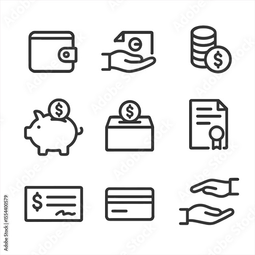 Financial Aid Icons. Outline icon set of financial aid: wallet, hand giving money, coin stack, piggy bank, donation box, grant