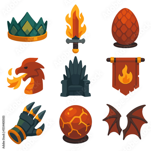 Dragon Queen Icon Set. Isometric Flat icon set of dragon queen themes: dragon-scale crown, flame-forged sword, dragon egg,