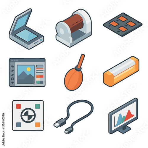 Film Scanning Tools Icons. Isometric Flat icon set of film scanning and digitizing tools: flatbed scanner, drum scanner, film