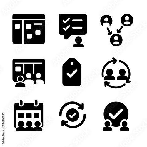 Team Task Icons. Solid, filled icons set of team task coordination: shared board, chat bubble with checklist,