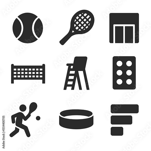 Tennis Icons Grid. Solid, filled icons set of tennis tournaments: tennis ball, racket, service line, net icon,