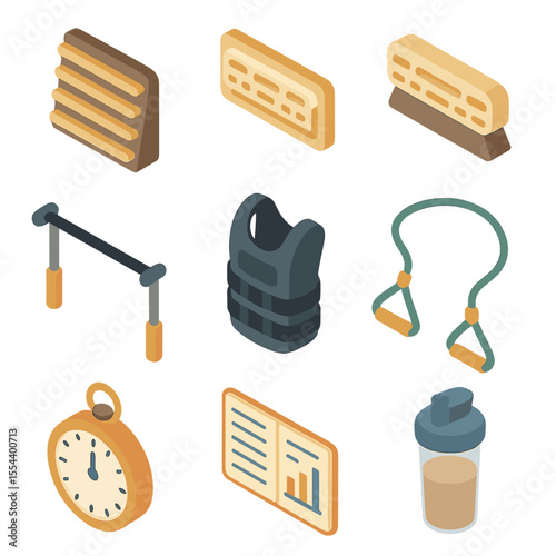 Bouldering Training Icons. Isometric Flat icon set of bouldering training exercises: campus board, hangboard, fingerboard, pull-up