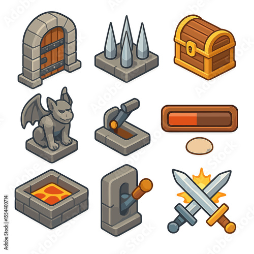 Dungeon Icon Set. Isometric Flat icon set of Dungeon and Boss Battles: dungeon entrance door, trap spike, treasure chest, gargoyle