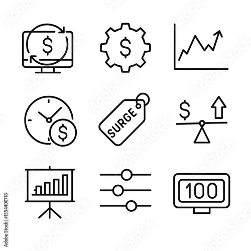 Dynamic Pricing Icons. Outline icon set of Dynamic Pricing Technique: real-time update icon, algorithm gear, price fluctuation