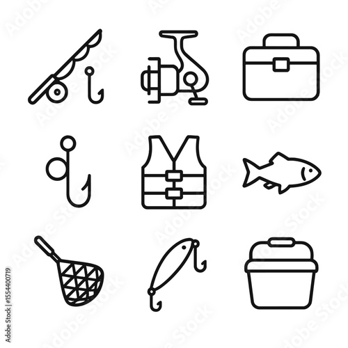 Fishing Tools Icons. Outline icon set of Fishing and angling tools: fishing rod, reel, tackle box, bait hook, life vest, fish