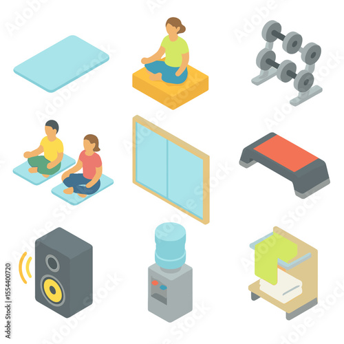 Fitness Class Icons. Isometric Flat icon set of group fitness class: yoga mat, instructor podium, participants, dumbbell rack,