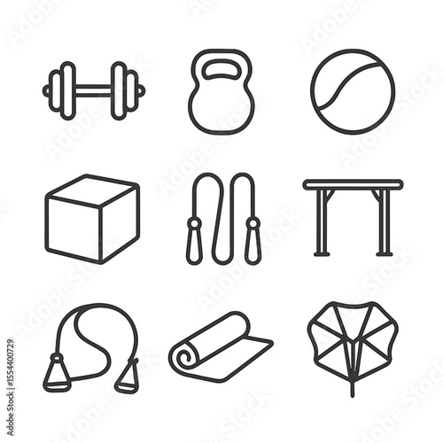 Fitness Equipment Icons. Outline icon set of fitness conditioning equipment: dumbbell, kettlebell, medicine ball, plyo box, jump