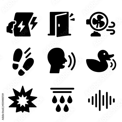 Theatrical Sound Effect Icons. Solid, filled icons set of theatrical sound effects: thunder sheet, door slam,