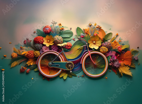 Flower bicycle art on a soft gradient background. Colorful leaves and blossoms create a whimsical bike.