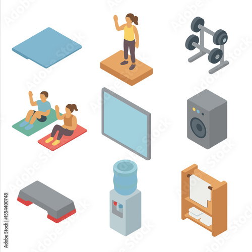 Fitness Class Icons. Isometric Flat icon set of group fitness class: yoga mat, instructor podium, participants, dumbbell rack,