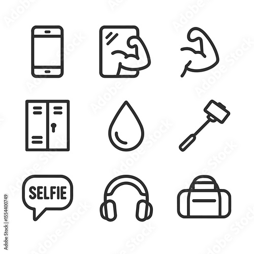 Fitness Selfie Icons. Outline icon set of flexing selfie elements: smartphone, mirror reflection, flexing arm, gym locker, sweat