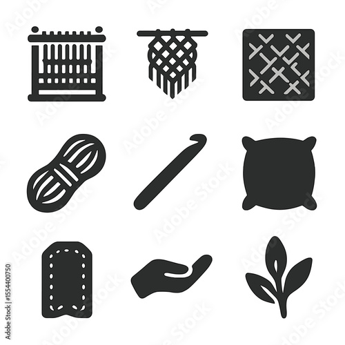 Textile Arts Icons. Solid, filled icons set of textile arts and crafts: weaving loom, macrame pattern, fabric