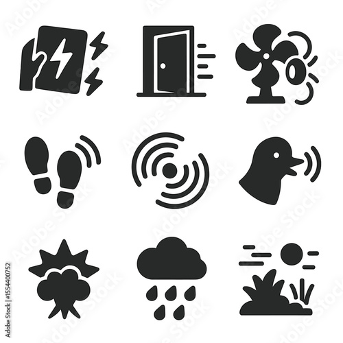 Theatrical Sound Effect Icons. Solid, filled icons set of theatrical sound effects: thunder sheet, door slam,