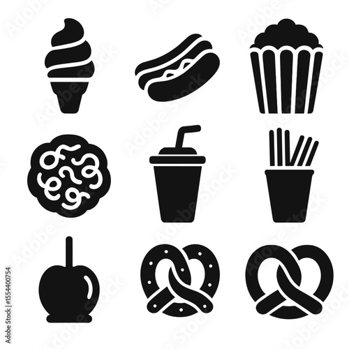 Theme Park Snacks. Solid, filled icons set of theme park food and treats: ice cream cone, hot dog, popcorn