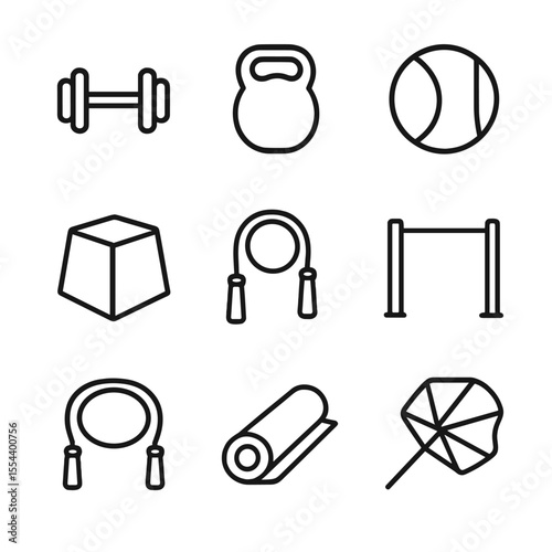Fitness Equipment Icons. Outline icon set of fitness conditioning equipment: dumbbell, kettlebell, medicine ball, plyo box, jump