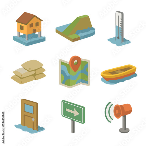Flood Mitigation Icons. Isometric Flat icon set of flood mitigation and resilience: raised foundation house, embankment levee,