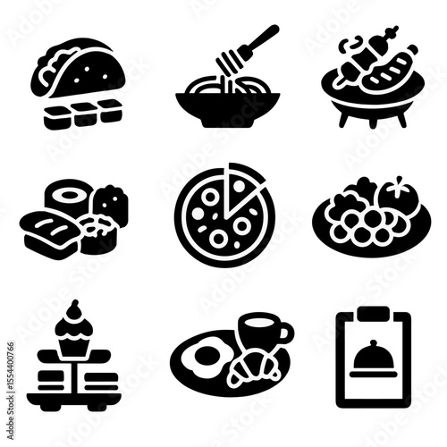 Themed Party Icons. Solid, filled icons set of themed party cooking: taco bar, pasta station, barbecue spread,