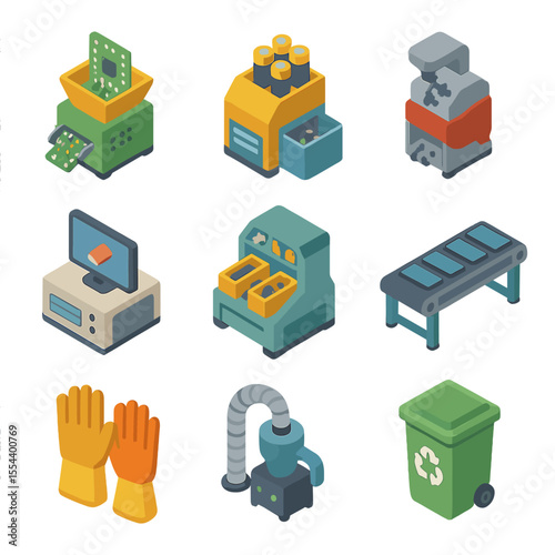 E-Waste Recycling Icons. Isometric Flat icon set of e-waste recycling: circuit board shredder, battery separator, metal recycler,