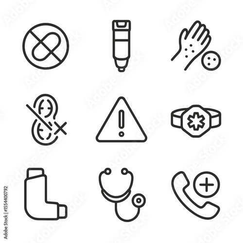 Earthnut Allergy Icons. Outline icon set of Earthnut allergy awareness: allergy pill, EpiPen injector, rash spot, cross-section