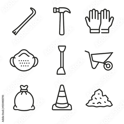 Flooring Tools Icon Set. Outline icon set of Flooring Removal and Demolition: pry bar, demolition hammer, protective gloves, dust