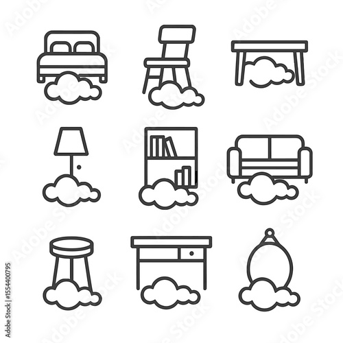 Floating Furniture Icons. Outline icon set of floating furniture in clouds: cloud bed, airborne chair, drifting table, floating